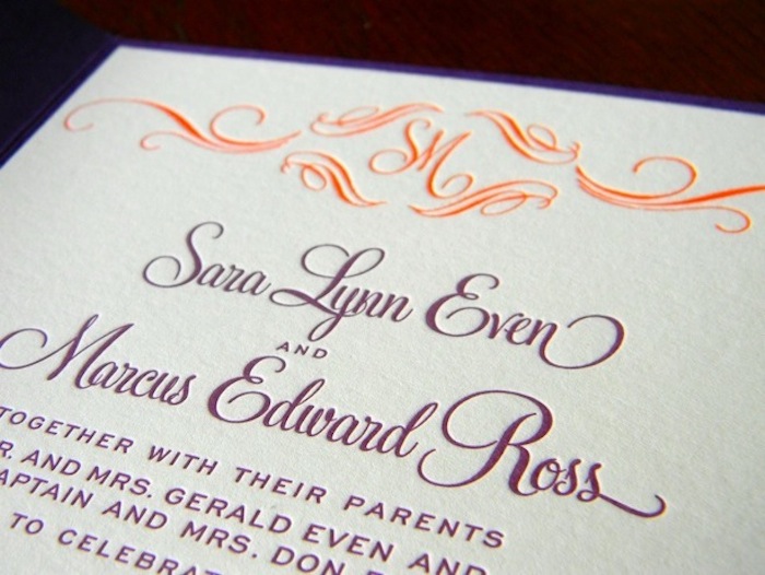 Tangerine & Eggplant letterpress wedding invitation