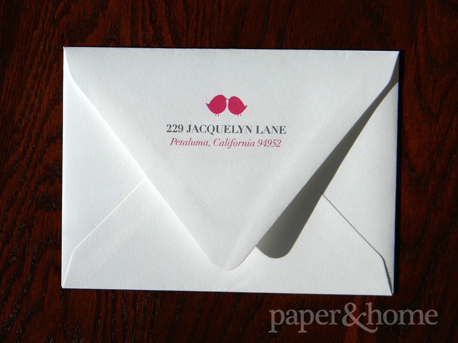 Pink lovebird return address euro flap white envelope