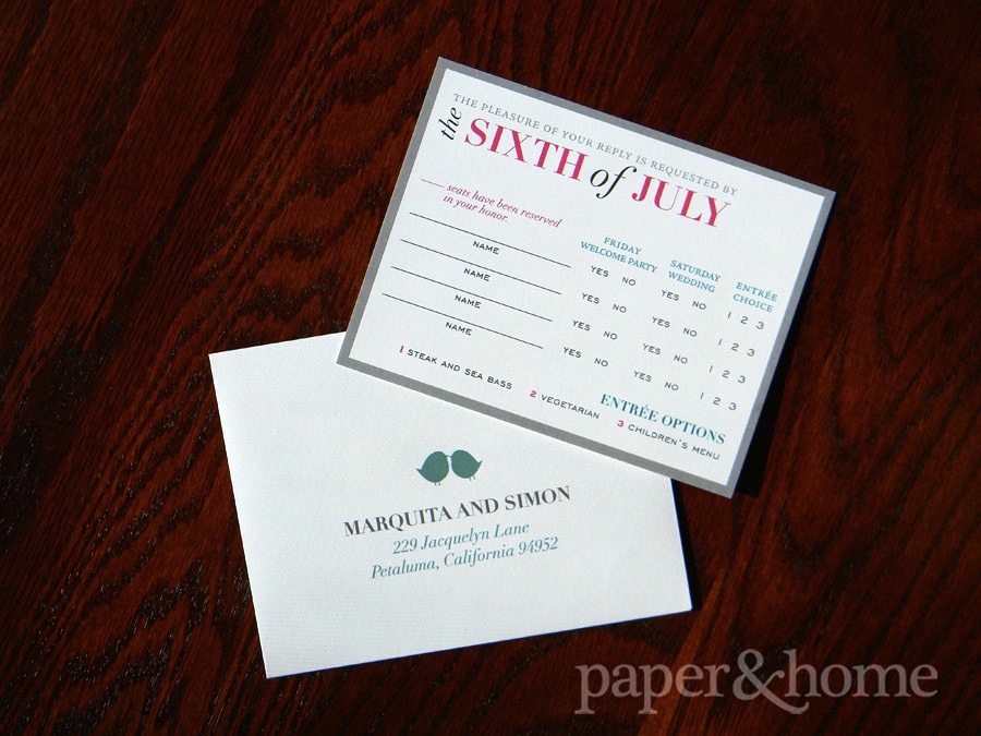 Modern colorful typography reply card with lovebird envelope