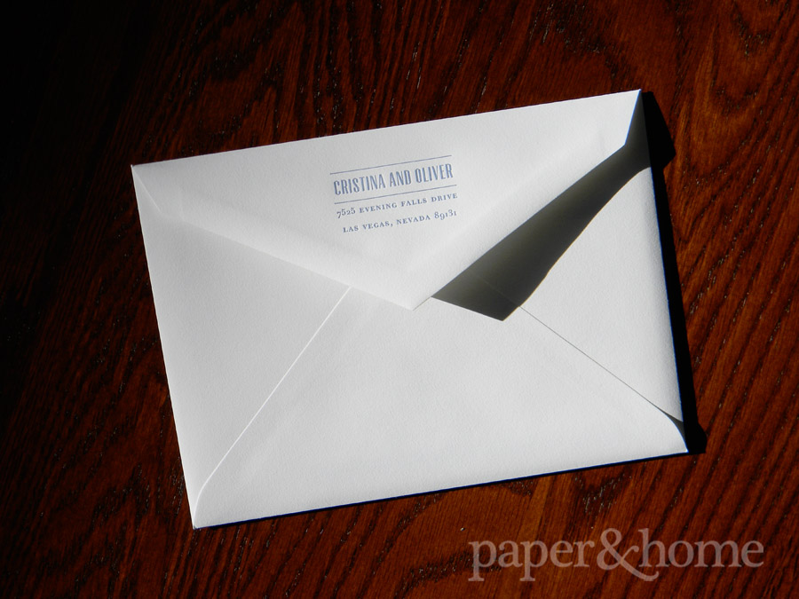 Letterpress White Envelope with Blue and Gray Ink