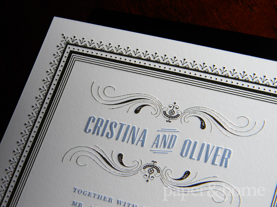 Blue Letterpress and Silver Foil Wedding Invitation Detail
