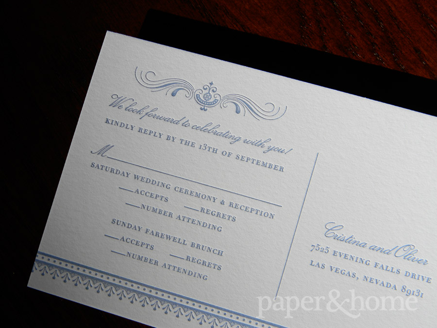 Blue Letterpress and Foil Reply Post Card