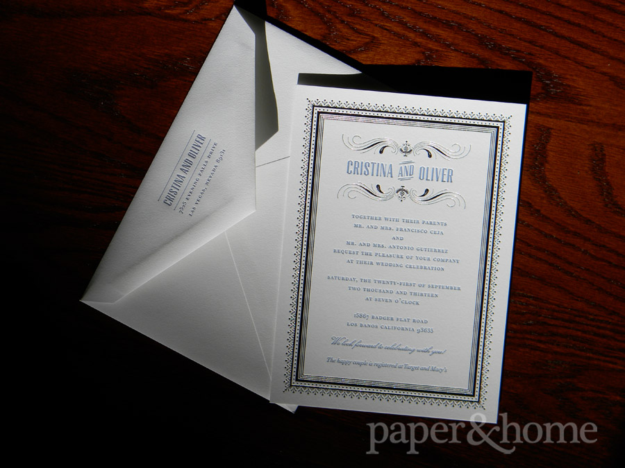 Blue Letterpress and Foil Wedding Invitation and Matching Envelope