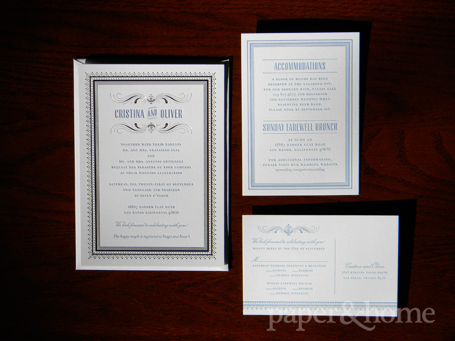 Elegant and Classic Blue Letterpress and Foil Wedding Invitation Suite