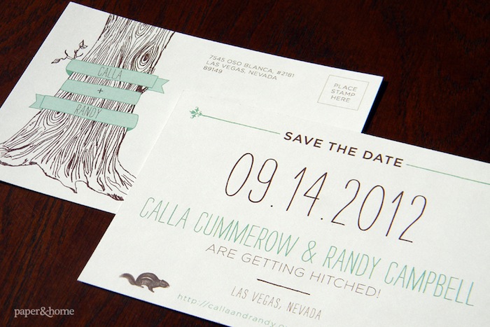 woodsy hand drawn save the date wedding stationery