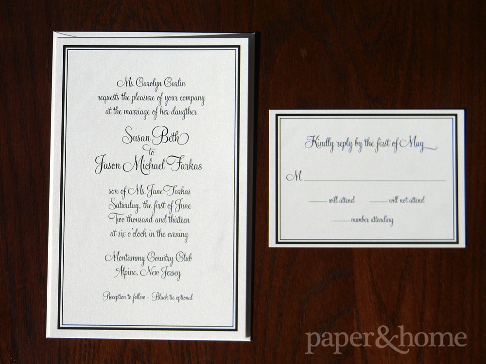 Simple Elegant Black Border Shimmer Wedding Invitation and Reply Card