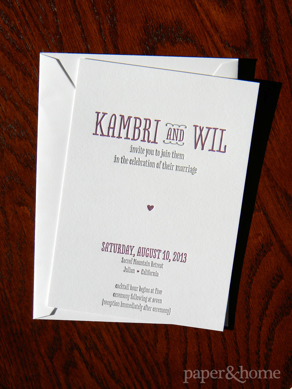 Purple and Gray, Cute and Modern Letterpress Wedding Invitation