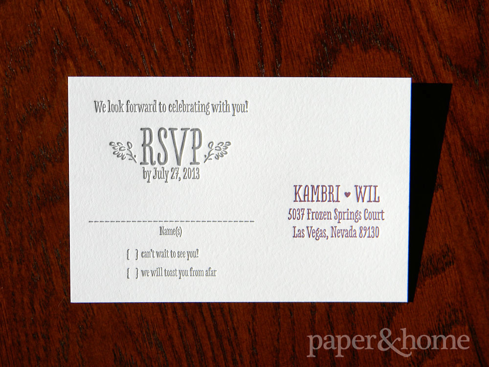 Purple and Gray, Cute and Modern Letterpress Reply Post Card