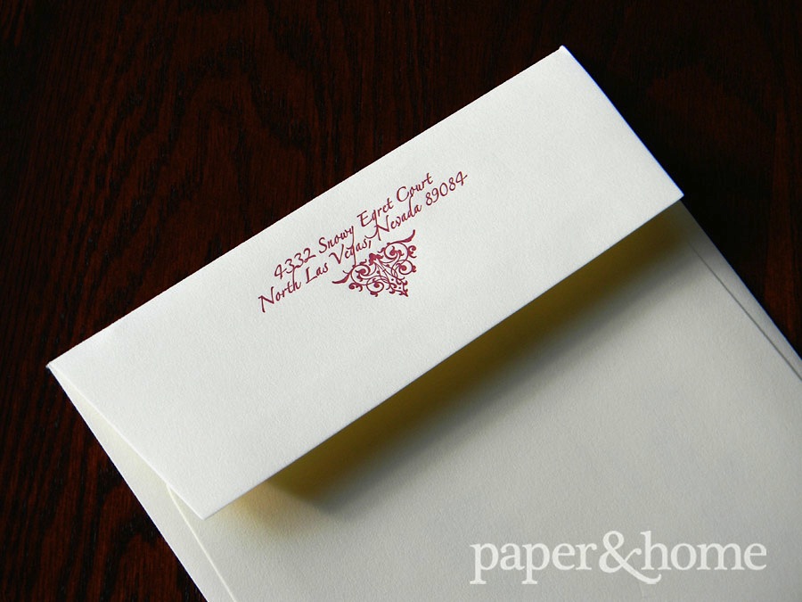 Burgundy Letterpress White Envelope with Return Address