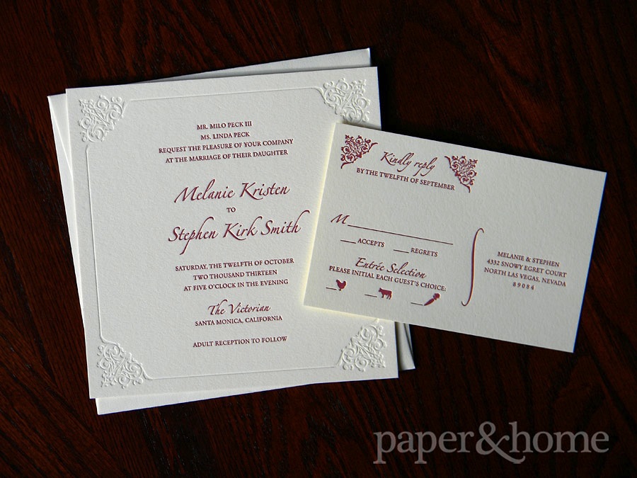 Burgundy and Blind (White) Letterpress Wedding Invitation and Reply Post Card