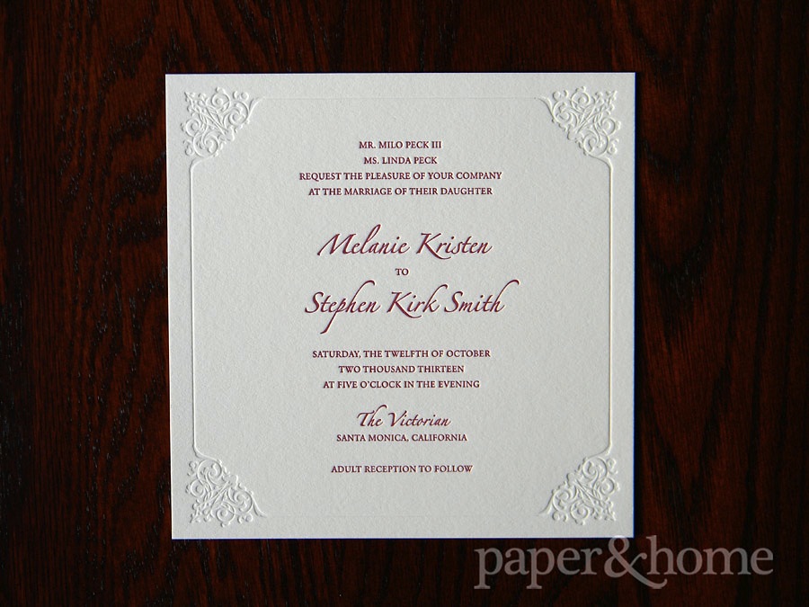 Burgundy and Blind (White) Letterpress Wedding Invitation