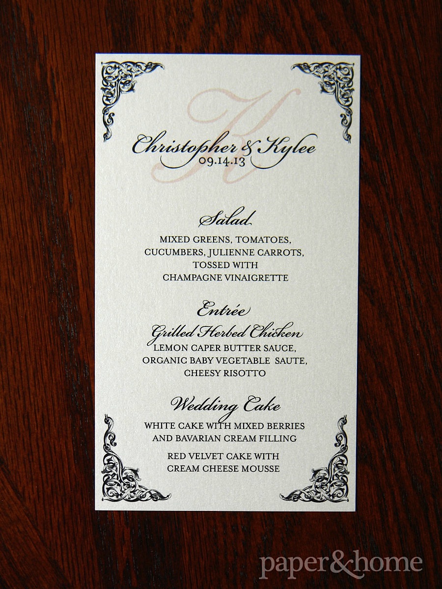 Blush pink and black ornate menu card