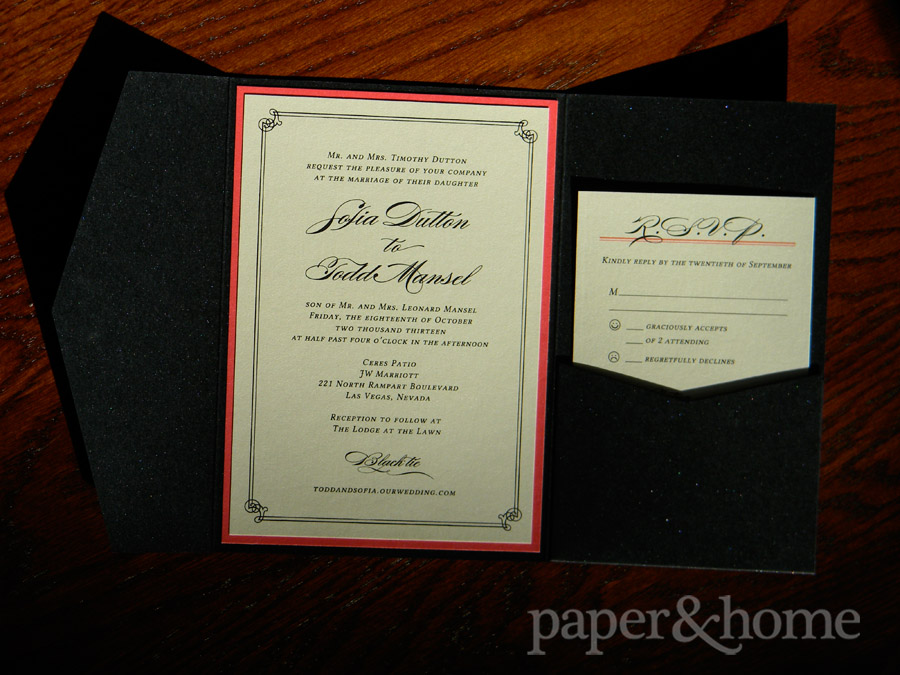 Champagne Shimmer Wedding Invitation Mounted on Red Paper with Reply Postcard in a Black Shimmer Pocket
