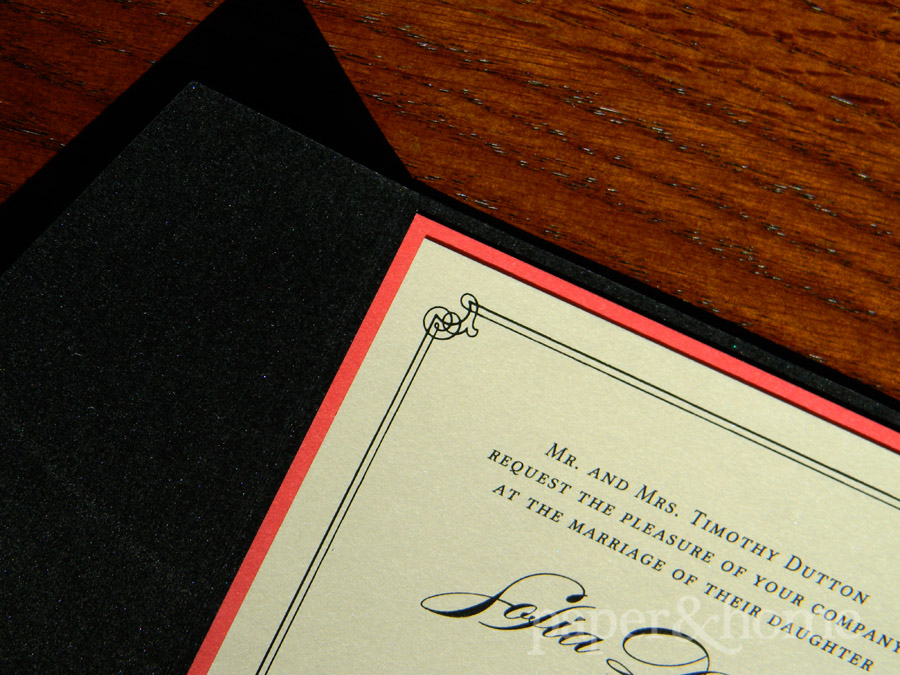 Champagne Shimmer Wedding Invitation Mounted on Red Paper in a Black Shimmer Pocket