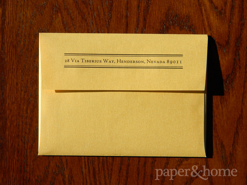 Return Address Printing on Gold Shimmer Envelope