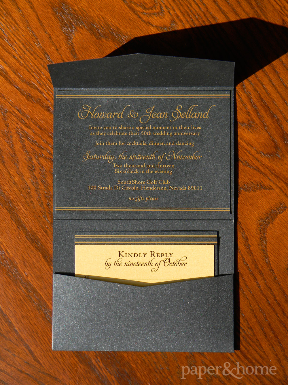 Golden Anniversary Pocket Invitation with Gold Foil on Black Shimmer Paper