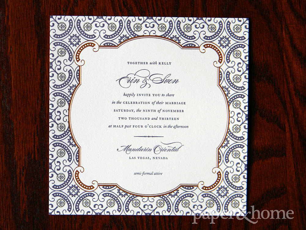 Ornate and Elegant Copper Foil Purple Letterpress Wedding Invitation
