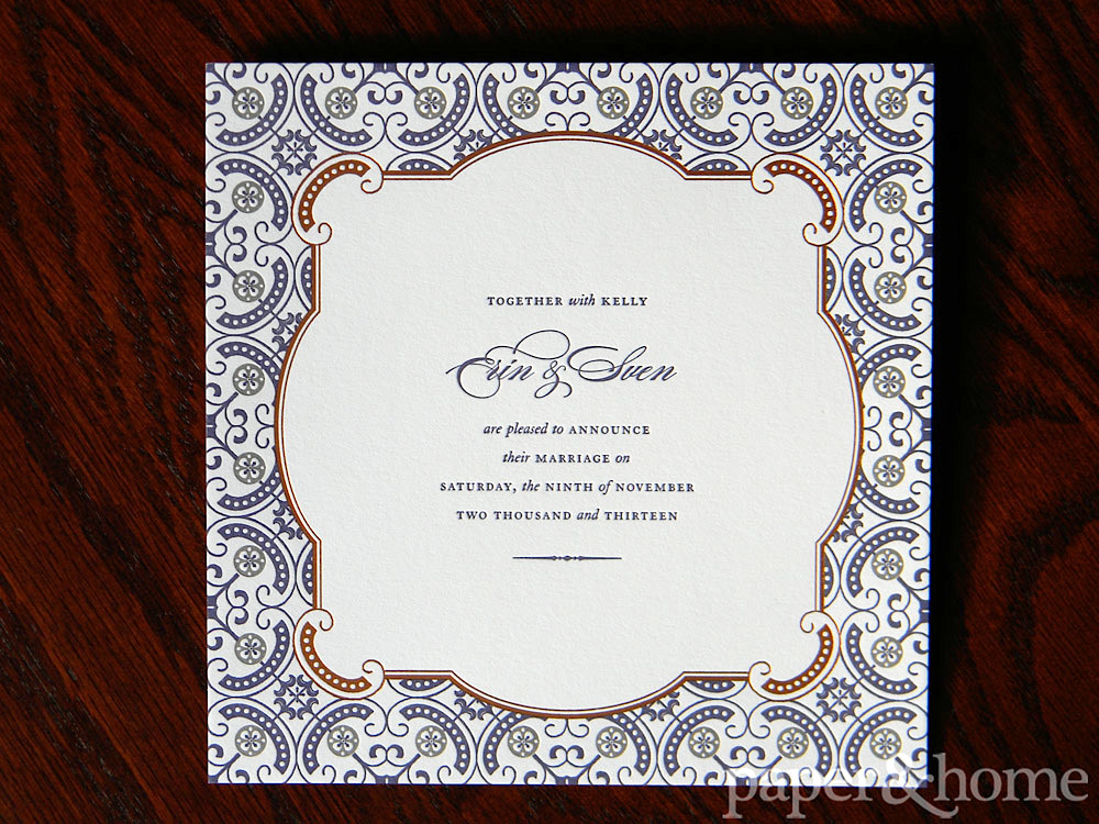 Ornate and Elegant Copper Foil Purple Letterpress Wedding Announcement