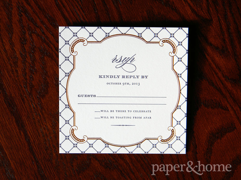 Elegant and Ornate Copper Foil Purple Letterpress Wedding Reply Card