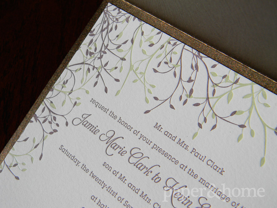 Wood Grain Garden Pocket Letterpress Wedding Invitation with Purple and Green Leaves