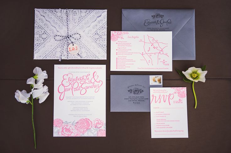 Letterpress, hand calligraphy, lace, floral, pink and gray wedding invitations