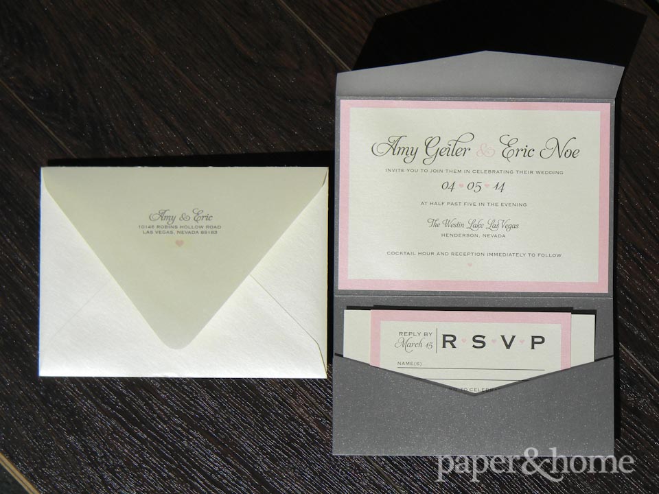 Modern Classic Wedding Invitations. Pink, Champagne, Gray, Black, Pocket Fold Shimmer Invitation with Euroflap envelope.