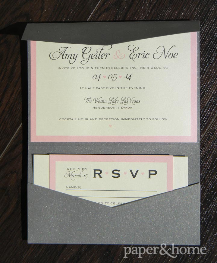 Modern Classic Wedding Invitations. Pink, Champagne, Gray, Black, Pocket Fold Shimmer Invitation.