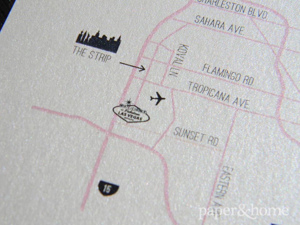 Modern Classic Wedding Map of Las Vegas. Pink, Champagne, Black, Shimmer