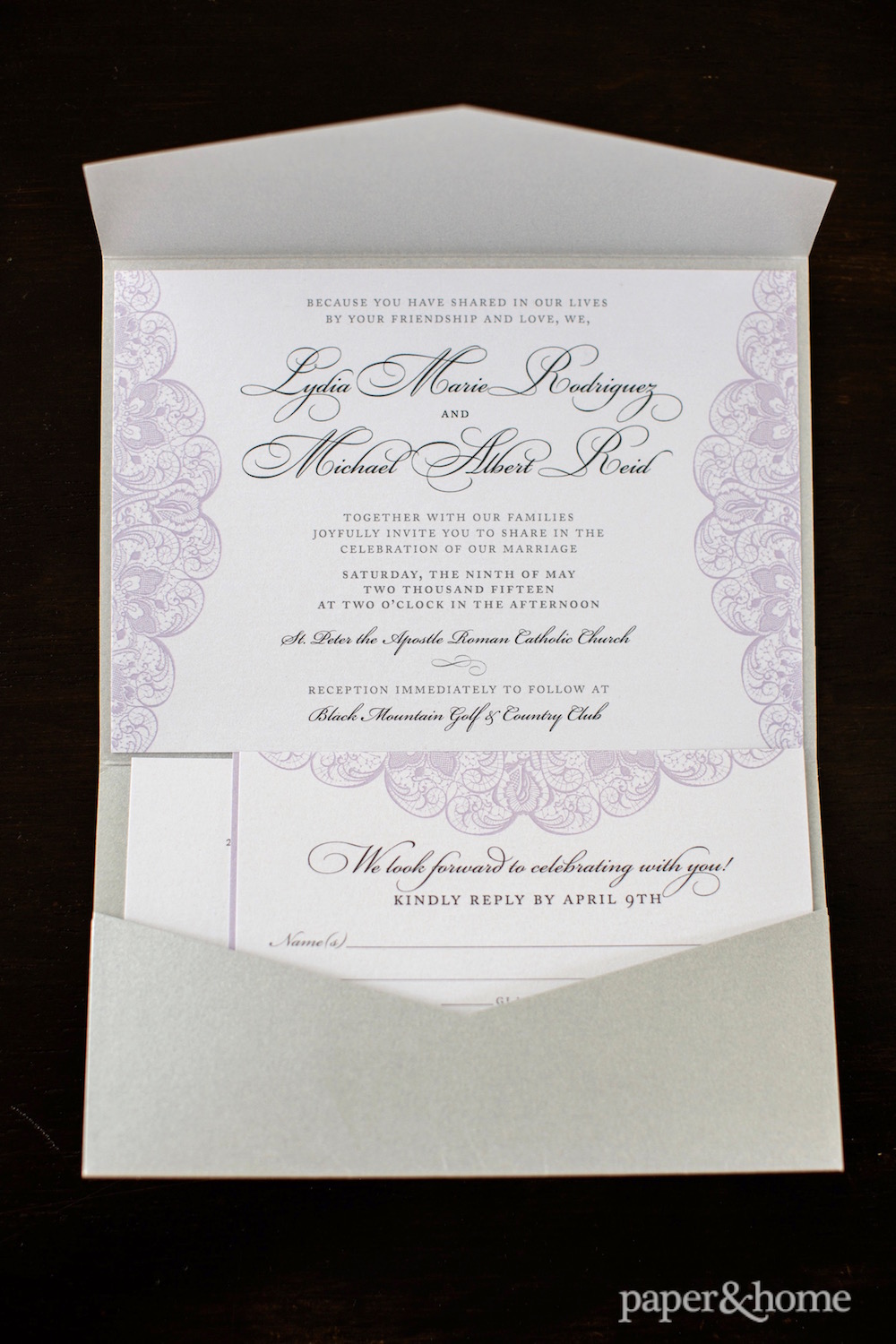 Purple and Gray Lace Wedding Invitations