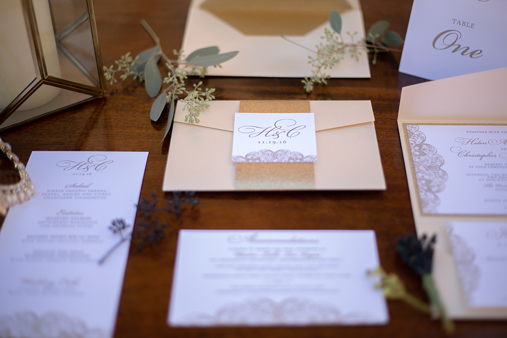 Gold, Lace, and Glitter Wedding Invitations