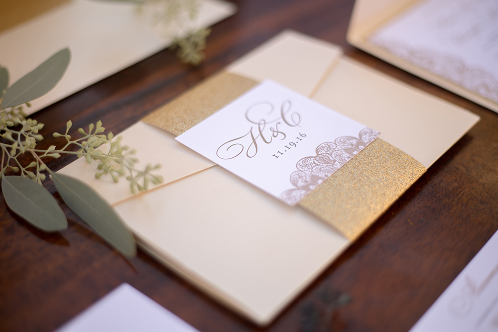 Gold, Lace, and Glitter Wedding Invitations