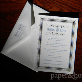 Blue Letterpress and Foil Wedding Invitation and Matching Envelope