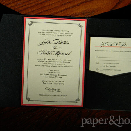 Champagne Shimmer Wedding Invitation Mounted on Red Paper with Reply Postcard in a Black Shimmer Pocket