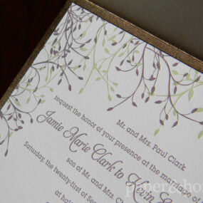 Wood Grain Garden Pocket Letterpress Wedding Invitation with Purple and Green Leaves