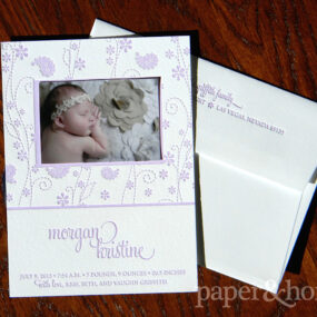photo letterpress baby announcement with paisley and flowers