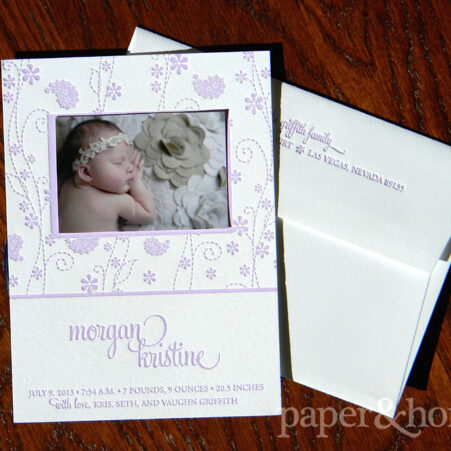 photo letterpress baby announcement with paisley and flowers
