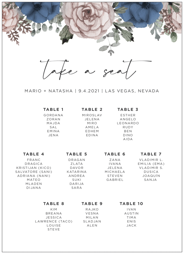 Floral 10 Seating Chart