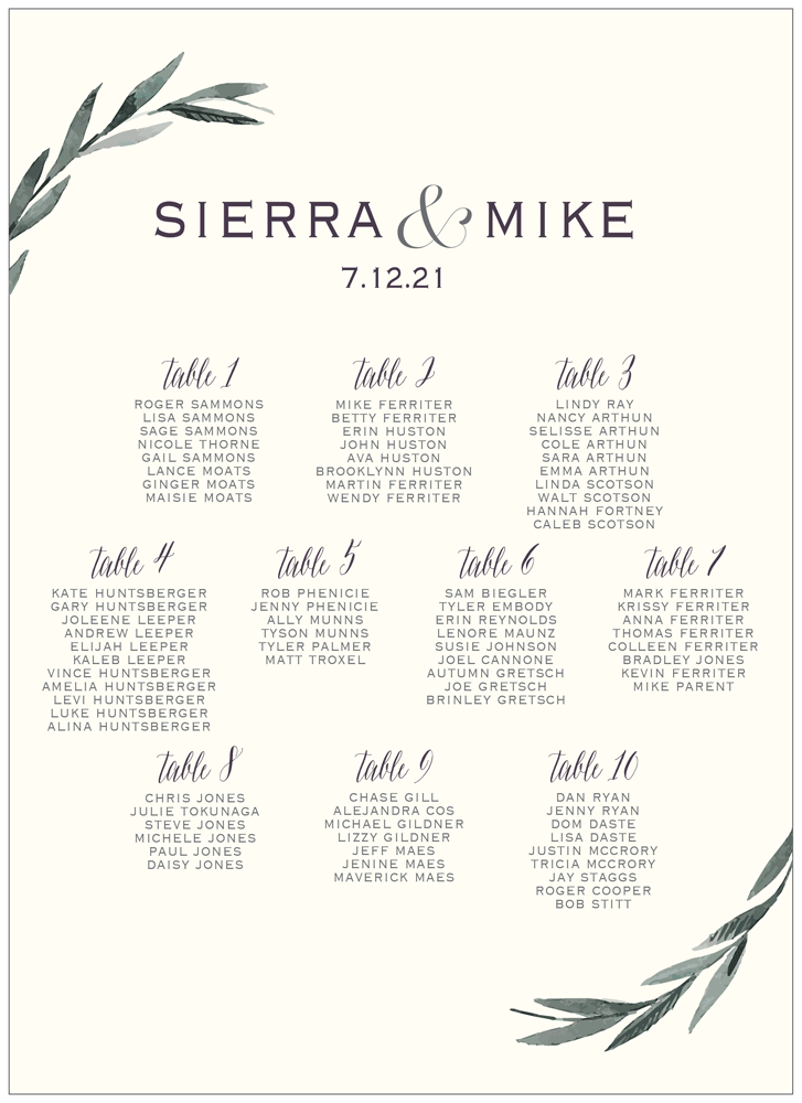 Greenery 10 Seating Chart