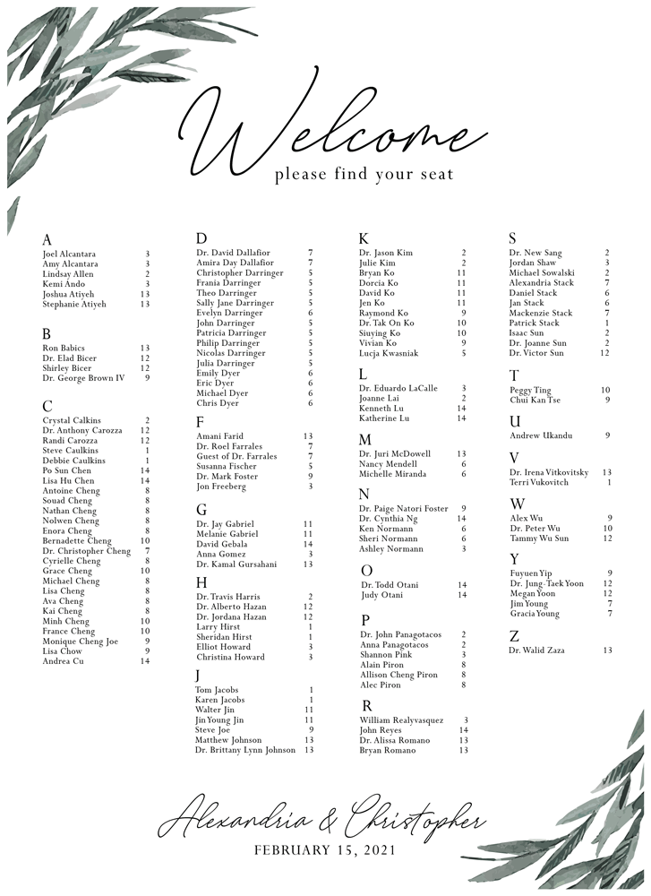Greenery 11 Seating Chart
