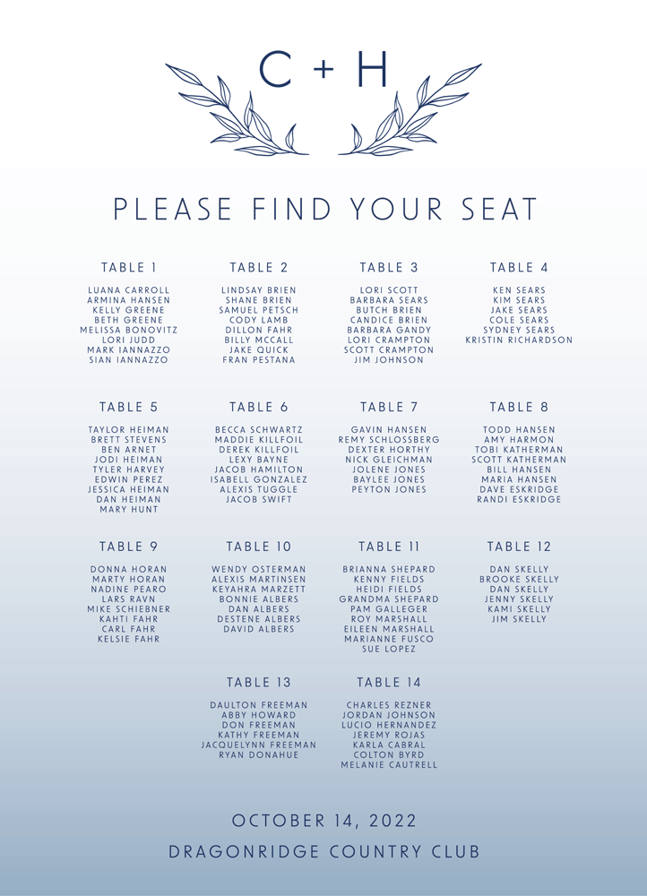 Greenery 17 Seating Chart
