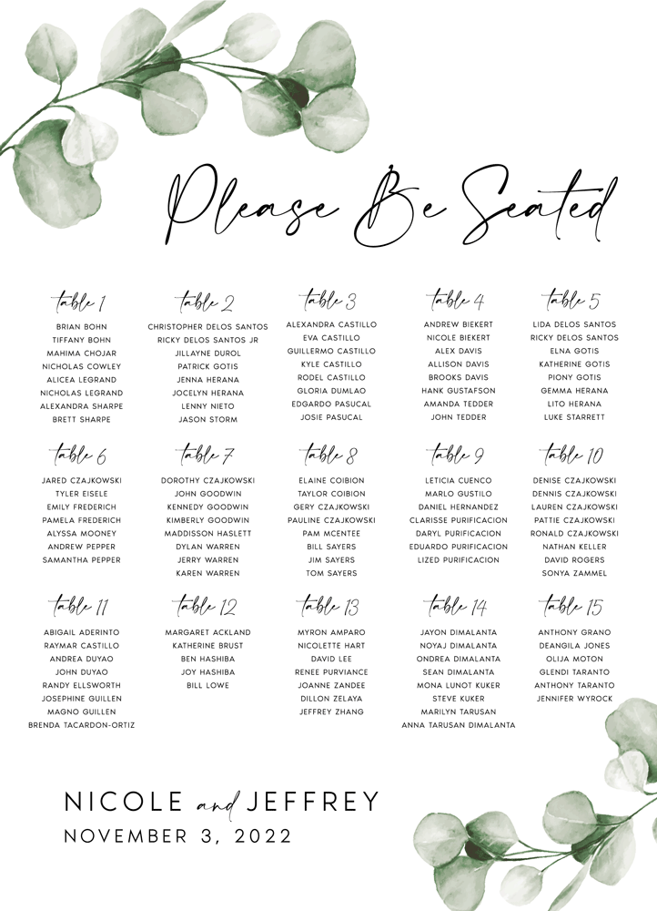 Greenery 18 Seating Chart