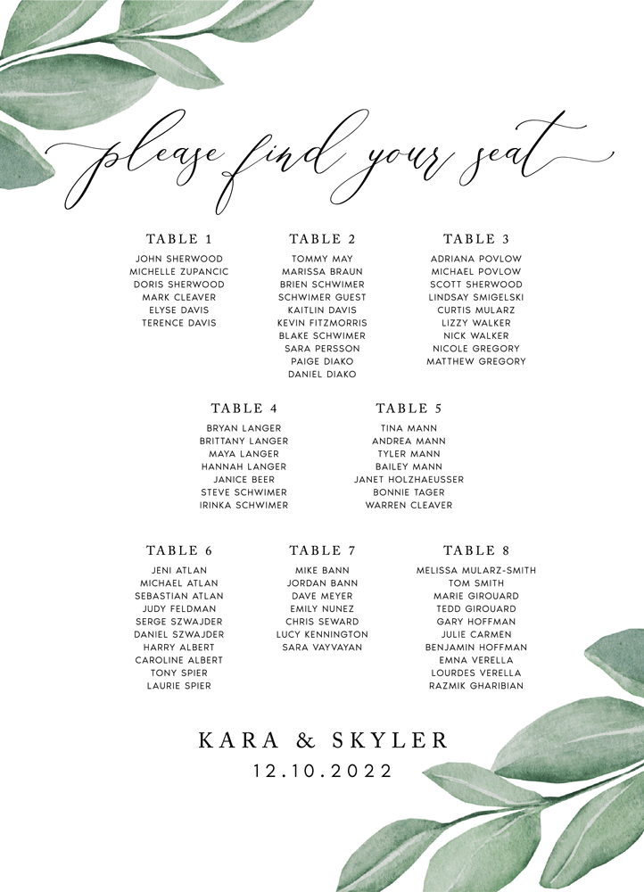 Greenery 20 Seating Chart